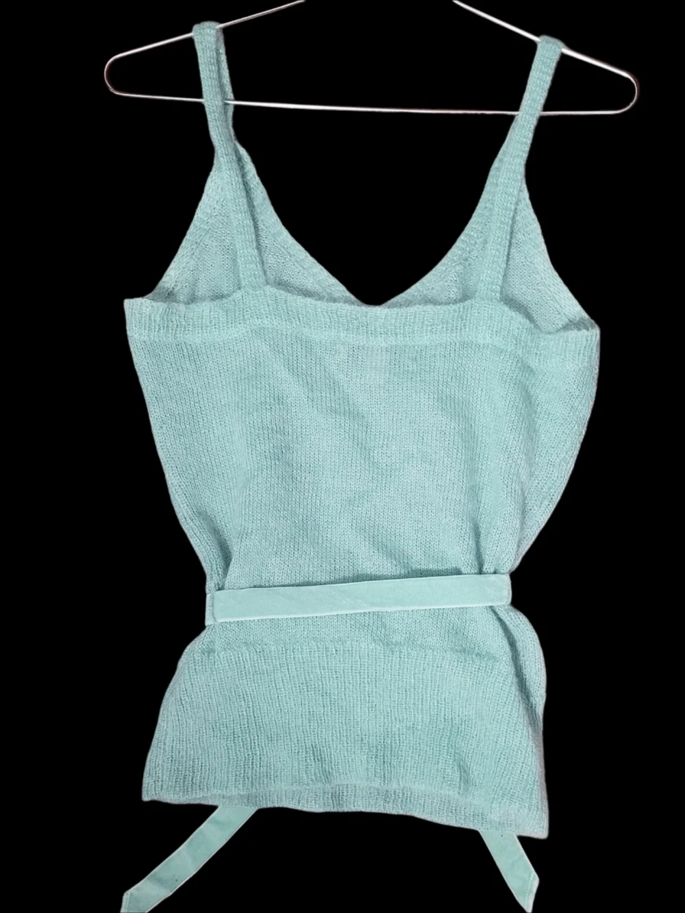 Y2K Banana Republic Aqua Mohair V-Neck Fitted Tank w/ Velvet Waist Tie